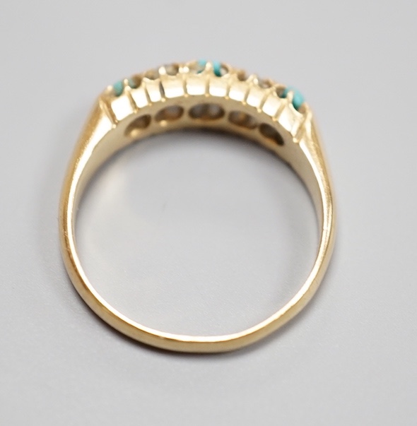 A late Victorian 18ct gold, three stone turquoise and two stone diamond set half hoop ring, size P, gross weight 3.8 grams.